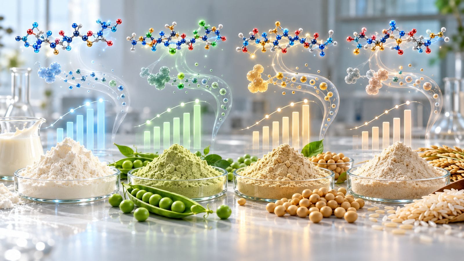 Whey and plant protein powders compared