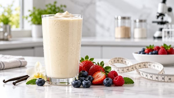 a tall glass of creamy vanilla shake on a bright kitchen counter with fresh berries and a measuring tape