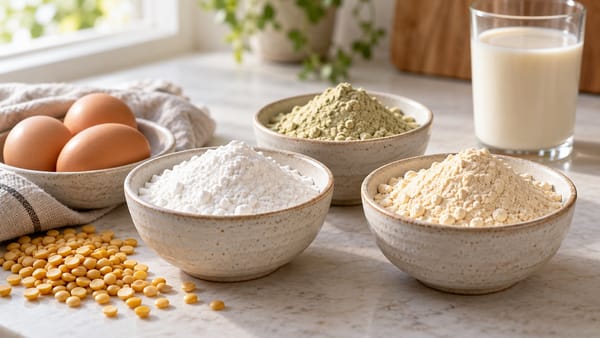 Bowls of whey, pea and egg white protein powder with eggs and split peas on a kitchen counter