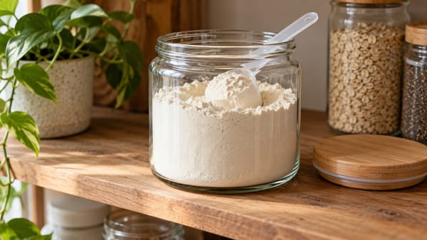 A glass jar of protein powder with a scoop on a pantry shelf