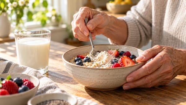 An older adult stirring protein powder into a bowl of oatmeal with berries